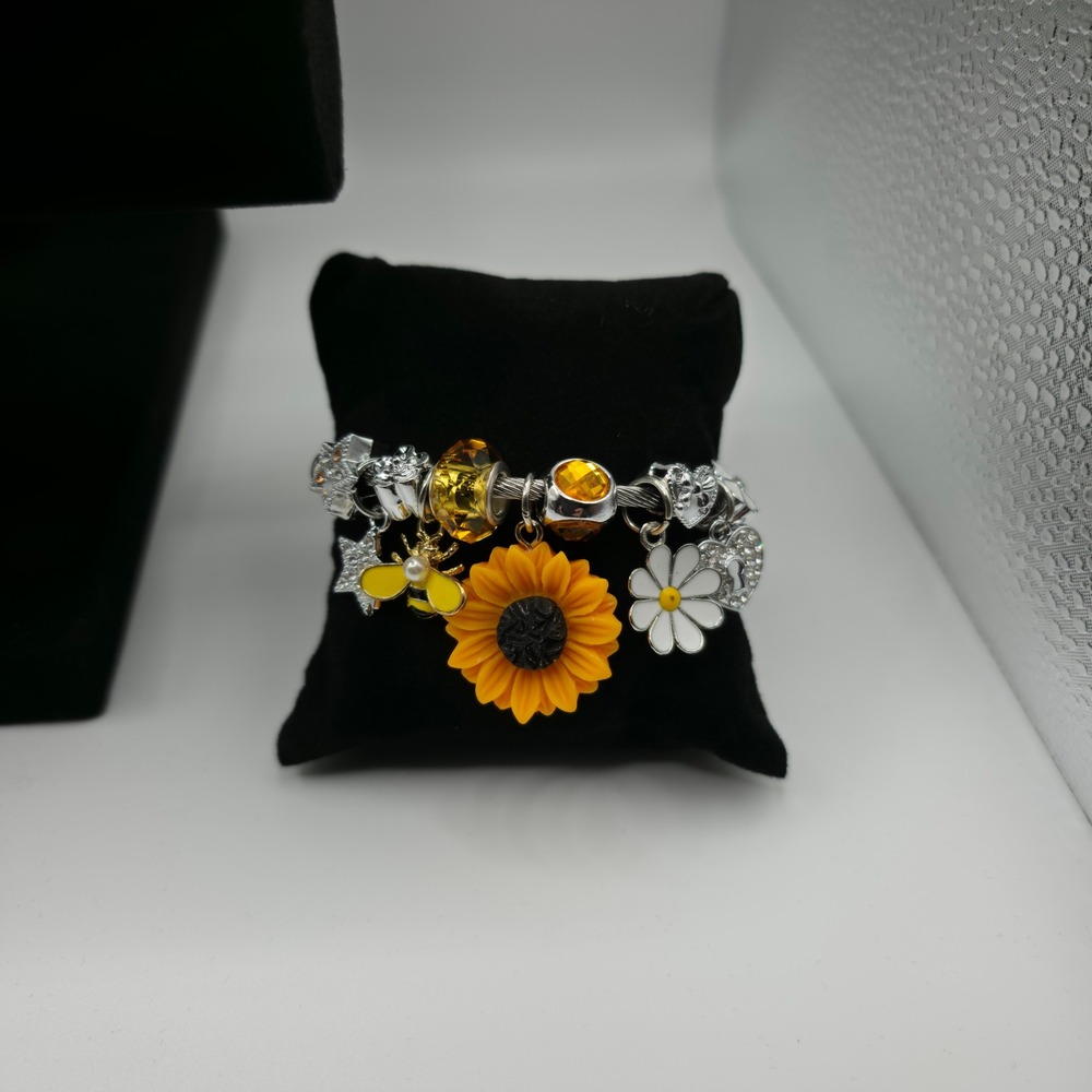 Sunflower Bee Charm Bracelet Silver Cable Wire Adjustable Daisy Heart